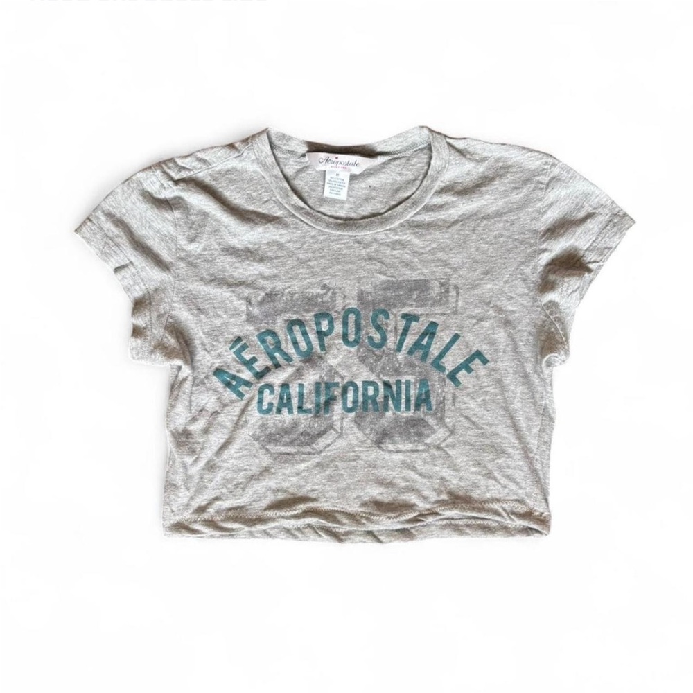 Aeropostale Reworked Grey Blue Lettering Graphic Baby Crop Top